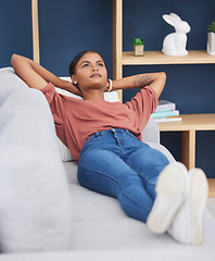 Image showing Relax, thinking and woman lying on sofa for afternoon nap or rest in calm apartment on weekend. Sleep, daydream idea and girl on couch relaxing on lunch break in stress free and zen time to chill.