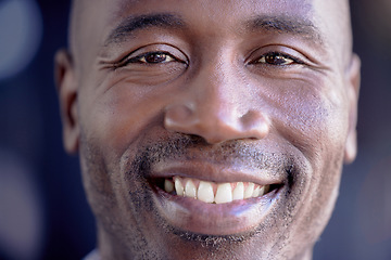 Image showing Happy, smile and closeup portrait of a black man with a positive, good and healthy mindset. Happiness, headshot and zoom face of a excited African male model smiling for good news in the studio.