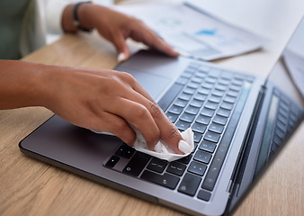 Image showing Dust, cleaning and hands on laptop by woman in office, hygiene or clean working space. Bacteria, control by hand of lady remove, wipe or keyboard for workplace, compliance or covid, safety or protect