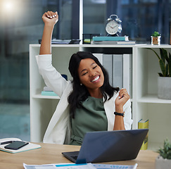 Image showing Celebration, laptop and professional black woman in the office with success, achievement or goal. Happy, smile and African business employee on a computer celebrating her job promotion in workplace.