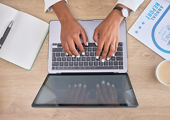 Image showing Laptop, hands and business woman typing while doing research for a corporate project in her office. Technology, desk and professional female working on the computer keyboard for a company report.