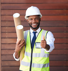 Image showing Architecture, construction and portrait of a black man with a thumbs up for building, success and win. Thank you, motivation and African engineer with a hand sign for engineering goal and maintenance