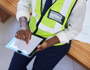 Image showing Engineer, hands and man with tablet screen while online for planning, schedule and search for design. Construction, engineering or industrial mobile app with ux mockup space for website innovation