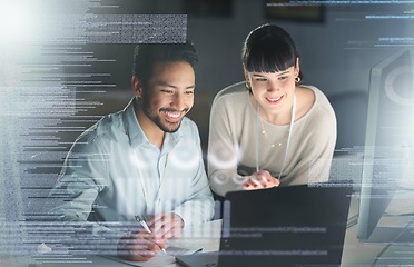 Image showing Business people, code with partnership and information technology with laptop for coding, collaboration and overlay. Software development, team and man with woman in office, writing notes and meeting