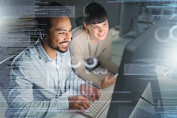 Image showing Man, woman and computer in night with overlay, smile and coaching for tech support, data analytics or web. Teamwork, learning and crm training with 3d holographic for collaboration, typing and job