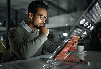 Image showing Overlay, night and businessman reading on a tablet, website research and digital marketing online. Data, internet and Asian worker working on technology for information during overtime in the dark