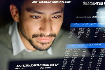 Image showing Business man, dashboard and stock market hologram for trading, investment and stocks. Face, future overlay and male with digital ui or ux for financial app or software for profit growth at night.