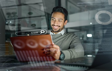 Image showing Night, overlay and businessman with a tablet for internet, web design and online search in office. Digital, smile and Asian employee reading information on a website with tech during overtime in dark