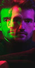 Image showing Fashion, double exposure and face portrait of man isolated in neon studio for thinking, vision and confidence. Beauty, creative aesthetic and male model with elegant, trendy and stylish clothes