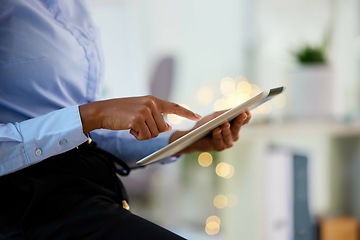 Image showing Business worker, fingers or tablet of financial business growth, savings data analytics or investment research management. Zoom, hands or black woman on technology in finance budget review or future