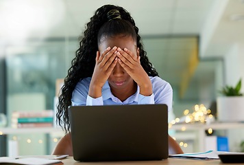 Image showing Black woman, laptop or stress in financial loss, company budget or stock market mistake in business office. Anxiety, worry or burnout for finance worker on technology, investment fintech or tax audit