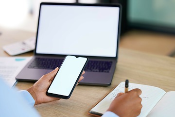 Image showing Hands, phone or laptop mockup for notebook writing worker on budget, finance or insurance accounting app in business office. Zoom, black woman or technology screen mock up for financial fintech logo