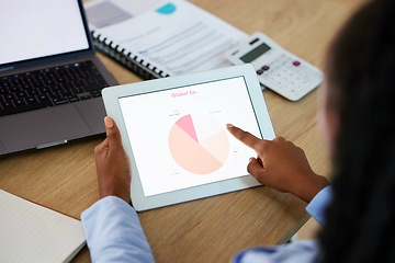 Image showing Black woman, hands or tablet screen of data analytics, global growth research or target audience management. Zoom, worker or employee on technology of marketing statistics, business or pie chart kpi