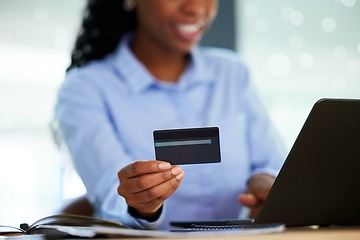 Image showing Hands, credit card or laptop for online banking, investment management or company insurance on fintech business app. Zoom, black woman or finance worker on technology for debit order or audit budget