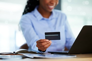 Image showing Hands, credit card or laptop for online payment, investment banking or company insurance on fintech business app. Zoom, black woman or finance worker on technology in debit order or financial budget