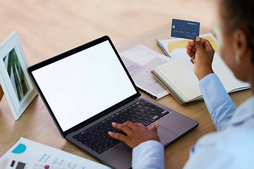 Image showing Hands, credit card or laptop screen for online payment, business investment or savings insurance mock up. Zoom, black woman or technology mockup for finance worker on blank fintech website for budget