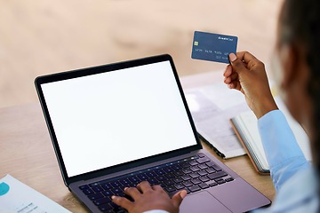 Image showing Hands, credit card or laptop mockup for online payment, business investment or savings insurance mock up. Zoom, black woman or technology blank screen for finance worker on fintech website for budget