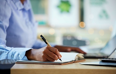 Image showing Hands, writing or notebook for financial data, company budget or insurance accounting in business office. Zoom, black woman or calculating finance worker and notes, tax schedule or fintech technology