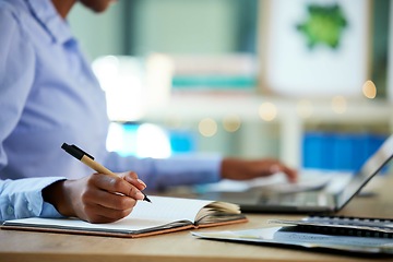 Image showing Hands, writing or notebook for company budget, financial data or insurance accounting in business office. Zoom, black woman or calculating finance worker and notes, tax schedule or fintech technology