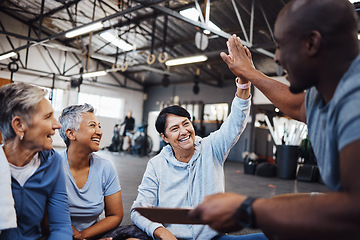 Image showing Senior women, fitness and personal trainer high five for health, routine and workout at a gym. Exercise, elderly and friends with health coach man hands connecting in support of goal collaboration