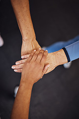 Image showing Teamwork, top view and senior women hands together for team building, motivation and unity. Support, collaboration and group of elderly friends huddle for trust, union or solidarity, goals or targets