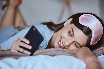 Image showing Video call, phone and in love with woman in bedroom for communication, internet and contact. Happy, relax and smile with girl reading text message with technology, online dating and social media