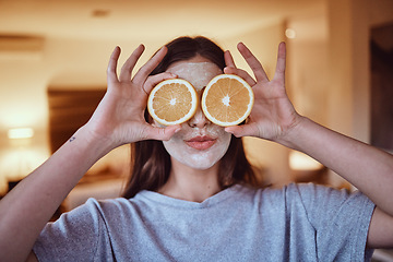 Image showing Orange, eyes and skincare facial for woman in a bedroom, grooming and having fun with skin treatment. Face, mask and girl relax with fruit product, hygiene and beauty routine, with vitamin c at home
