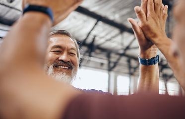 Image showing Senior men, gym and high five for fitness, teamwork motivation and diversity with friends happiness. Elderly training partnership, asian and black man for mma workout, exercise and team building goal