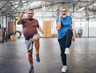 Image showing Men portrait, exercise and gym partner for health and wellness for retirement fitness and energy. Senior people class for knee lift workout or training for strong body and cardio goals motivation