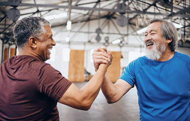 Image showing Handshake, support or mature men in workout gym, training exercise or healthcare wellness or success. Happy friends, elderly or hands in teamwork motivation, collaboration or fitness community winner