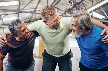 Image showing Happy, hug or mature men in workout gym, training exercise or healthcare wellness in success celebration. Smile friends, elderly or embrace in fitness teamwork, collaboration or diversity community