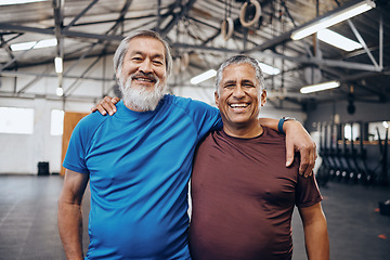 Image showing Senior men smile, gym portrait and teamwork motivation for diversity, friends hug or happiness for wellness. Elderly fitness partnership, asian and black man at mma workout, exercise or team building