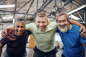 Image showing Portrait, hug or mature men in workout gym, training exercise or healthcare wellness in success celebration. Happy friends, elderly or embrace in fitness teamwork, collaboration or diverse community