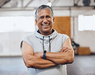 Image showing Gym, fitness and portrait of old man with smile and crossed arms for motivation, wellness and cardio workout. Muscles, healthy body and face of senior male after training, exercise and sports goals