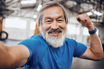 Image showing Fitness, muscle and selfie portrait of Asian man in gym show biceps for motivation, wellness and cardio workout. Smile, healthy body and face of senior male after training, exercise and sports goals