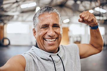 Image showing Muscle, exercise and selfie portrait of old man in gym show biceps for motivation, wellness and cardio workout. Smile, healthy body and face of senior male after training, sports and fitness goals