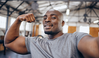 Image showing Selfie portrait, fitness and black man with muscle in gym show biceps for motivation, wellness and cardio workout. Sports, strong and face of bodybuilder athlete for training, exercise and goals