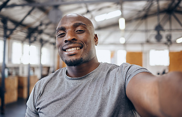 Image showing Gym, exercise and selfie portrait of black man smile for motivation, wellness and bodybuilder workout. Smile, strong muscles and face of male athlete take picture for training, sports and fitness