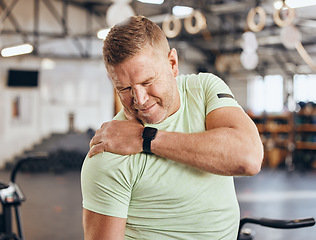 Image showing Shoulder pain, training and bodybuilder man at gym for fitness, workout or challenge exercise in medical risk. Injury, muscle and strong person or athlete in sports burnout, arm accident or arthritis