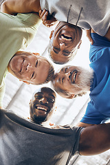 Image showing Low angle, portrait or fitness huddle of men in workout gym, training exercise or healthcare wellness in bonding. Happy friends, mature or hug in sports teamwork, collaboration or diversity community