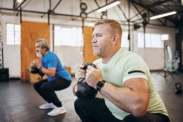 Image showing Men, exercise and gym with dumbbells for health and wellness for retirement fitness and energy. Senior or mature people class for squat workout or training for strong body muscle and goals motivation