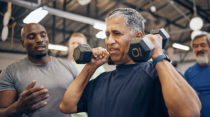 Image showing Fitness, old man with dumbbell and help from coach or personal trainer with weight lifting, strength and gym in retirement. Health, exercise and workout at senior sports club and coaching grandpa.