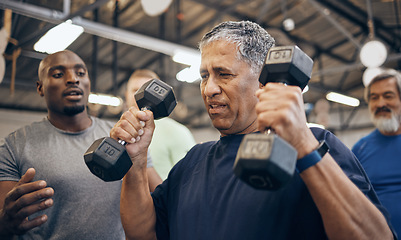 Image showing Gym, old man and help from personal trainer with weight lifting, kettlebell and fitness in retirement. Health, exercise and workout at senior training club, sports coach helping grandpa with dumbbell