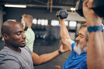 Image showing Fitness, old man and personal trainer coaching with dumbbell weightlifting, muscle support and gym in retirement. Health, exercise and workout at senior training club, sports coach helping grandpa.