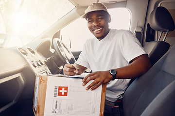 Image showing Delivery, box and portrait of courier man in car with checklist for ecommerce, orders and package. Logistics, cargo and happy guy driver with clipboard for parcel, online shopping and transportation