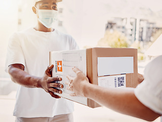 Image showing Box, delivery and courier man with mask for covid, safety and compliance while giving ecommerce orders to customer. Corona, guy and woman with parcel, online shopping or retail package at her home