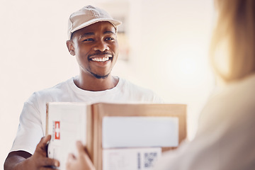 Image showing Happy, delivery and box with man courier and customer for ecommerce, order and online shopping package. Smile, guy and woman with parcel, product and retail package with friendly service at her home