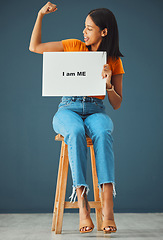 Image showing Strength, poster and black woman with strong arm pose in studio for body positivity, acceptance or self love on grey background. Billboard, banner and girl advertising confidence, empowered and proud