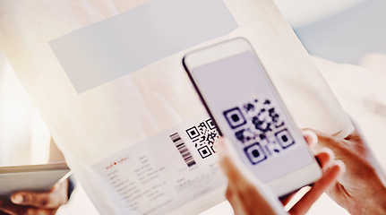 Image showing QR code, customer delivery and phone for digital logistics, paperless distribution or invoice. Mobile connection, barcode and courier package from online shopping, supply chain and shipping service