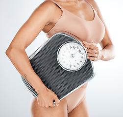 Image showing Lose weight, woman or scale for body measurement, diet or healthcare wellness management on isolated studio background. Model, lingerie or underwear for nutrition, workout progress or fitness results